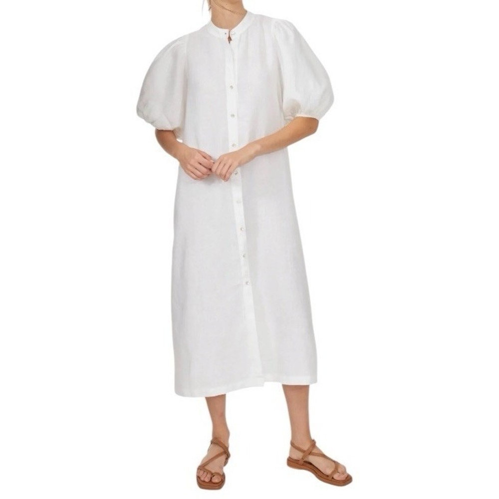 Lanhtropy Bubble Organic Linen Puff Sleeve Full Length Dress Womens XS White